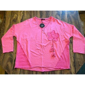 MuMu Brand Womens Large Pink V-Neck Dolman Sleeve 3D Flower Appliqué